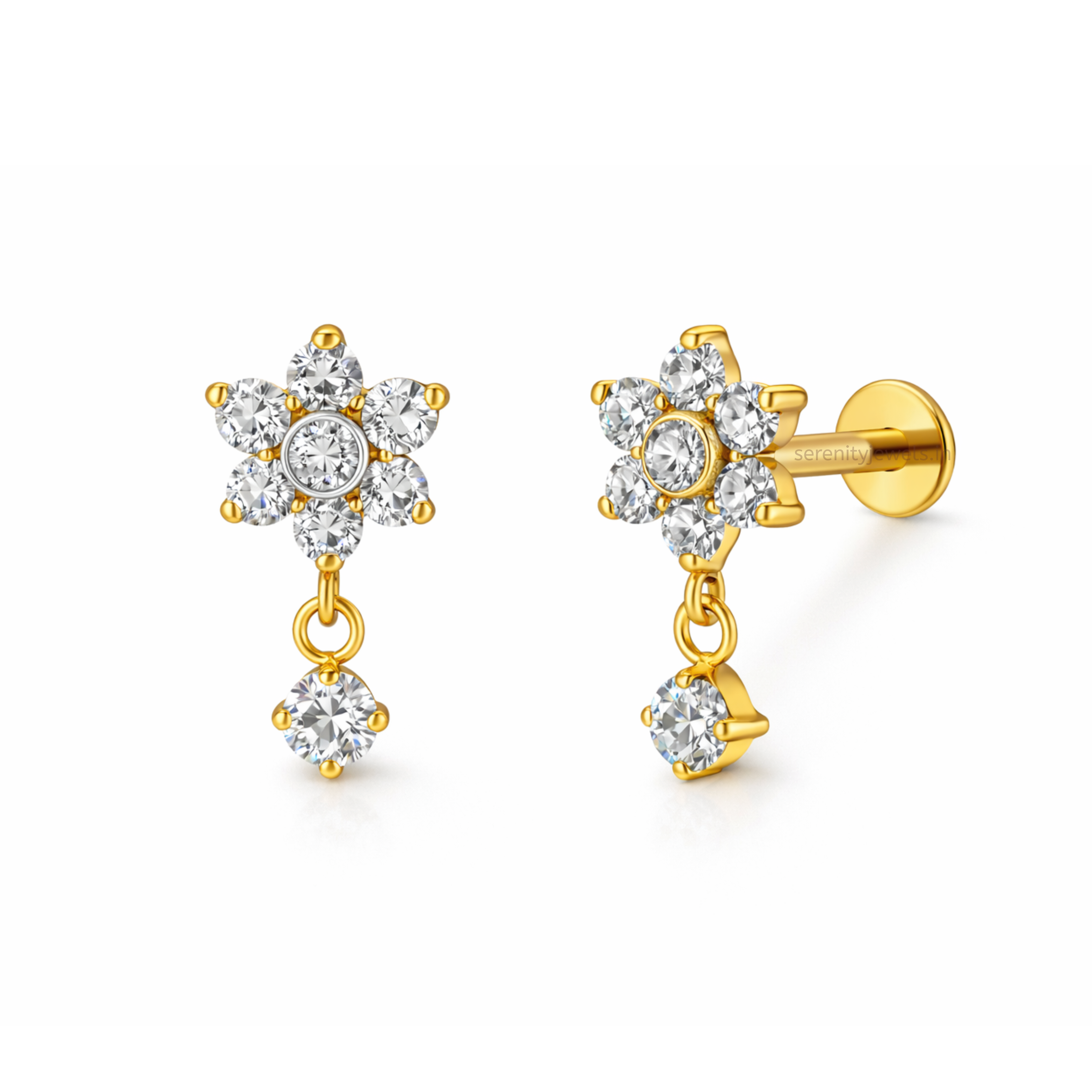 Floral Cluster Drop Titanium Flat Studs - PAIR