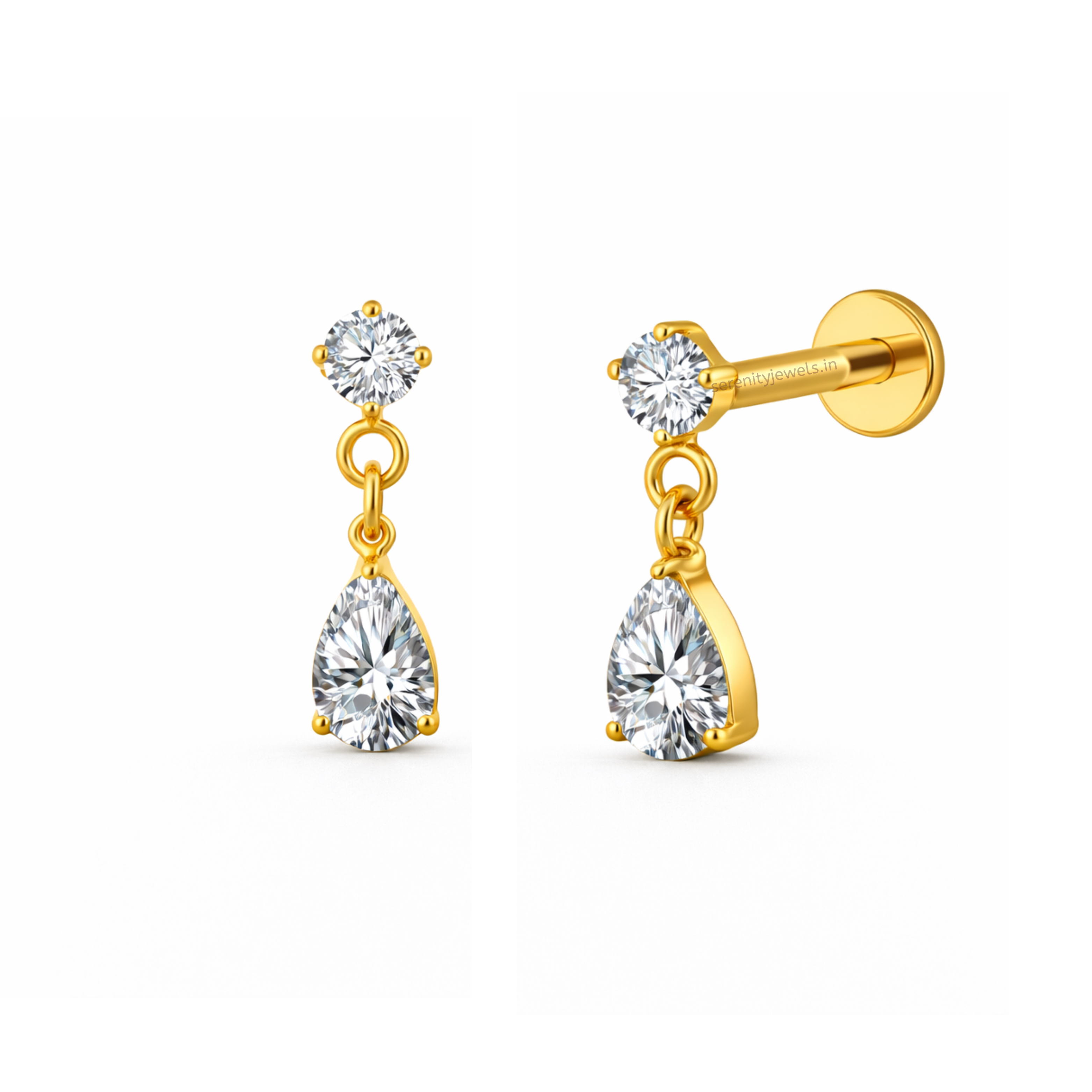 Solitaire Pear Dangle Titanium Flat Studs - PAIR