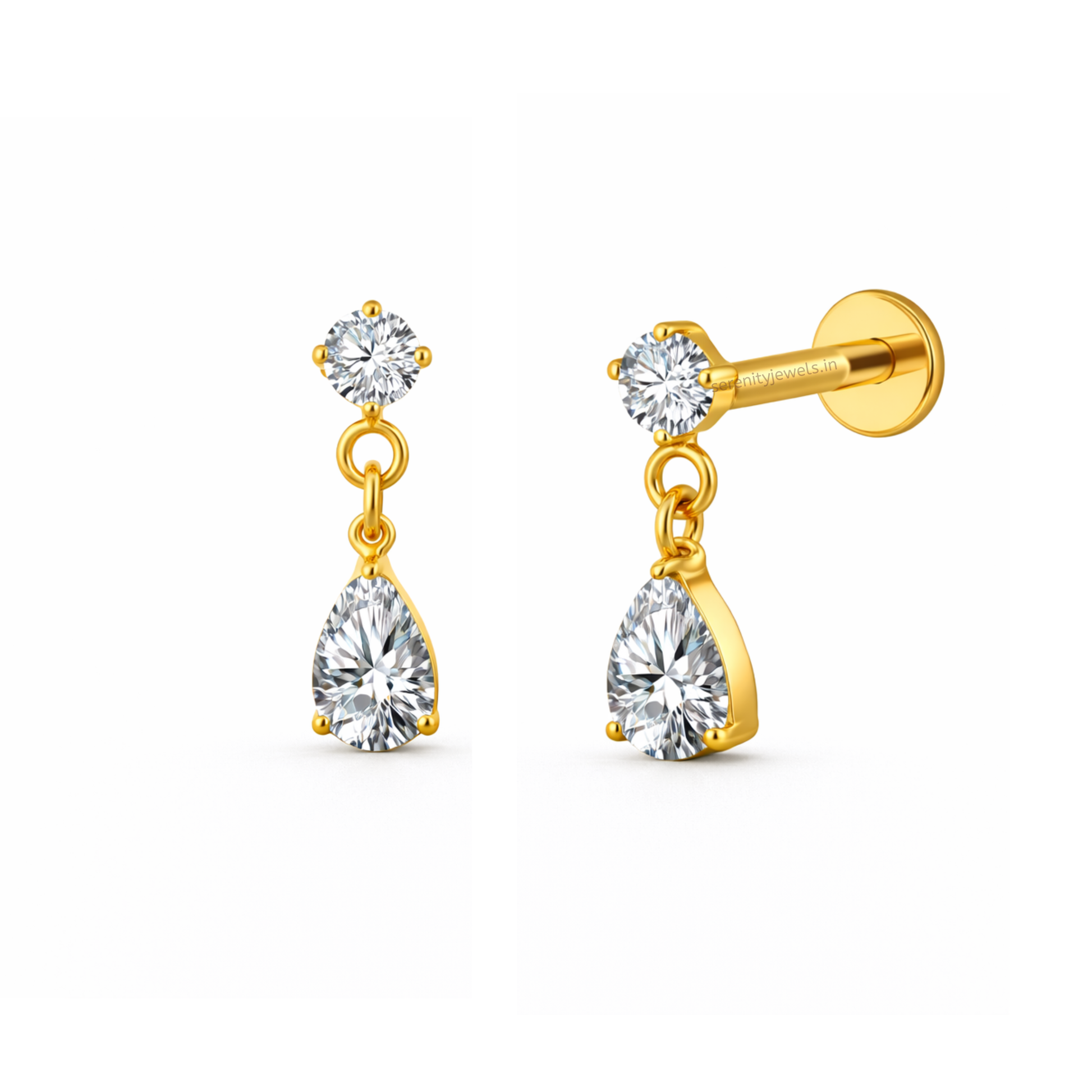 Solitaire Pear Dangle Titanium Flat Studs - PAIR