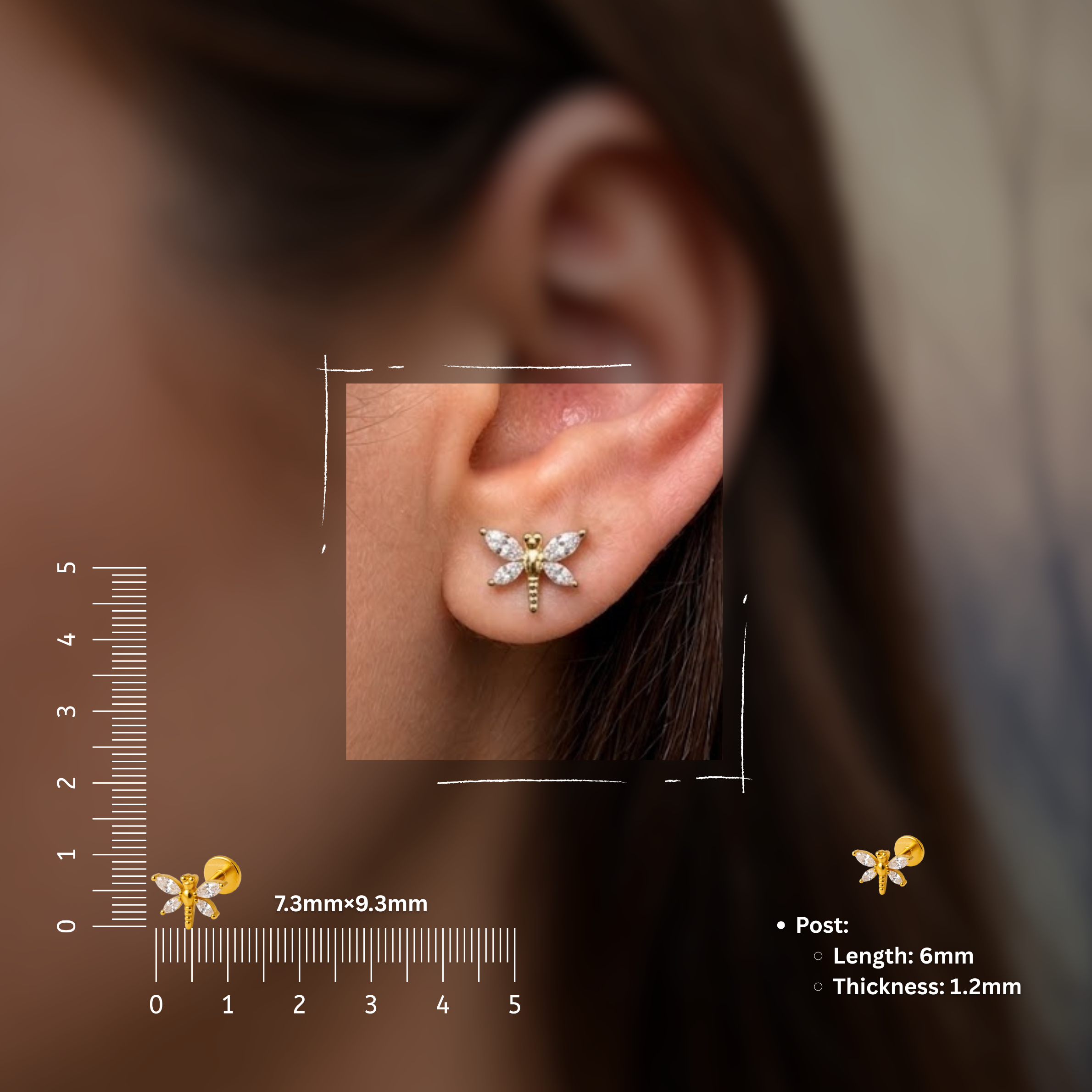 Crystal Dragonfly Flat Studs - PAIR