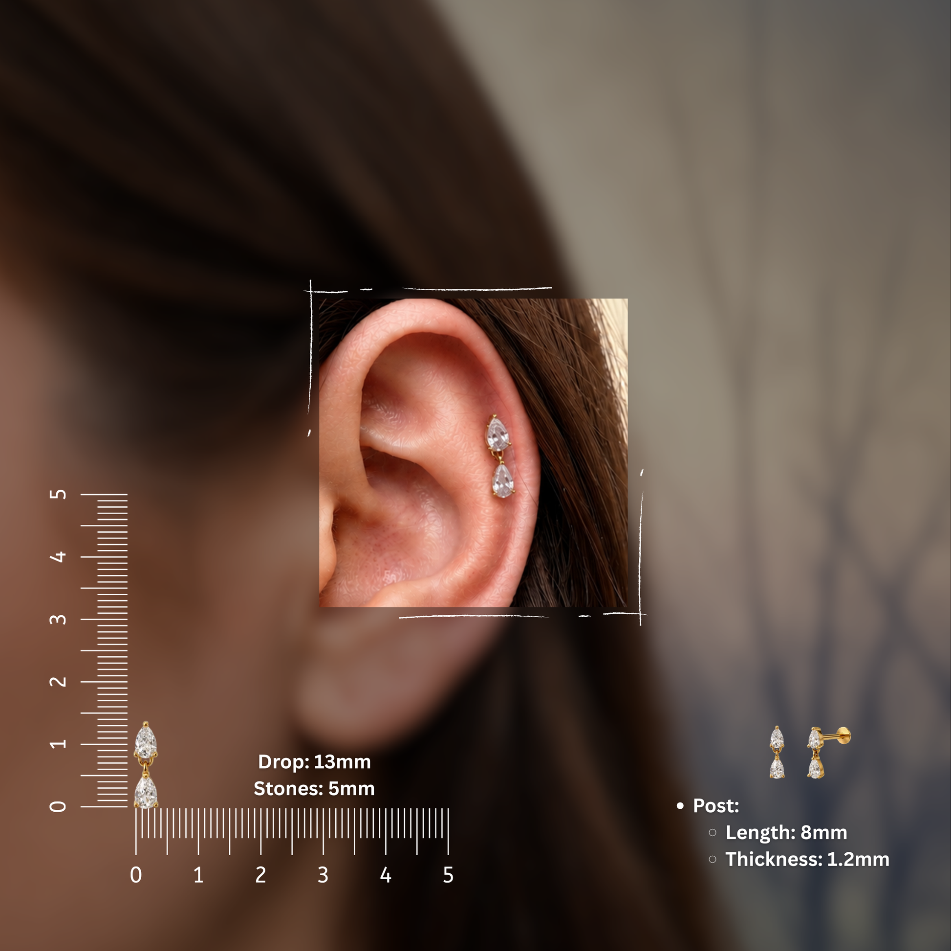 Liz Drop Flat Studs - PAIR