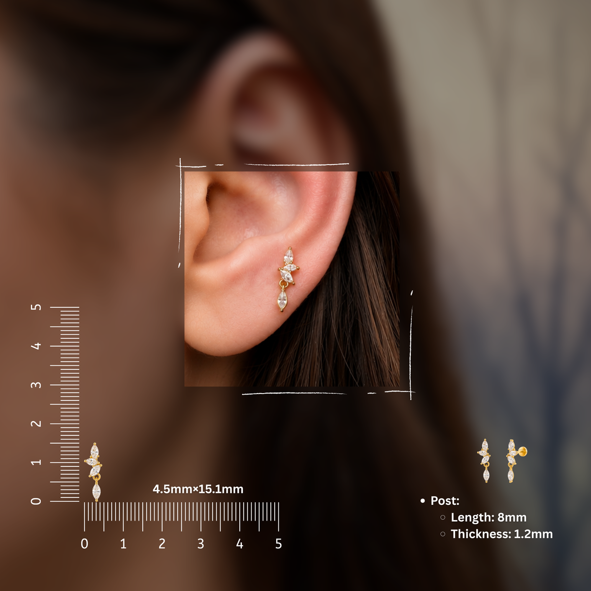 Marquise Vine Flat Studs - PAIR