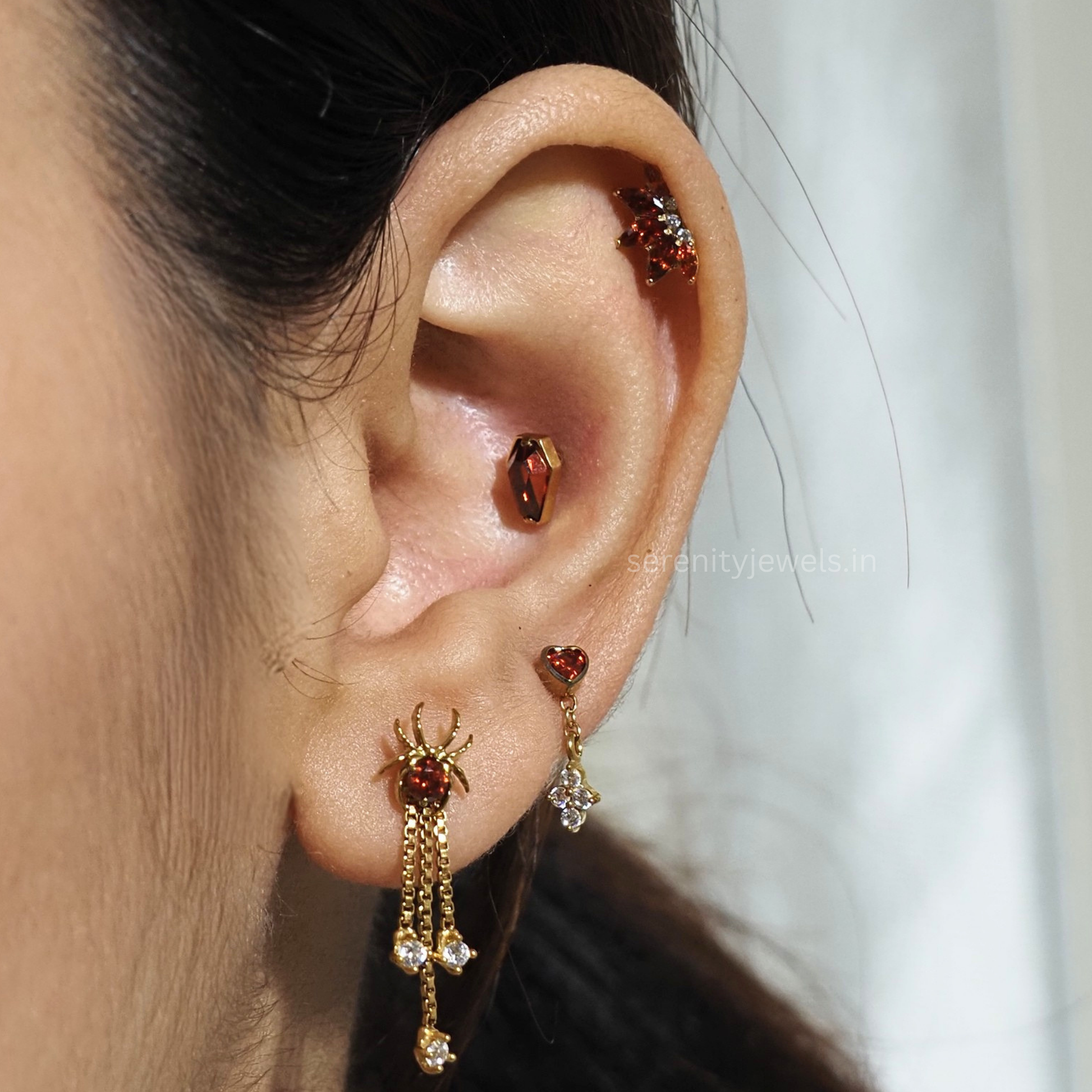 Crimson Bezel Heart Titanium Flat Studs - PAIR