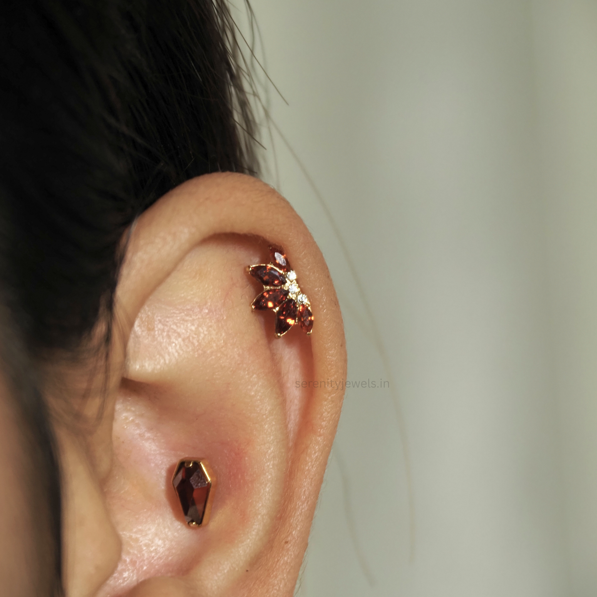 Garnet Crystal Lotus Titanium Flat Studs – PAIR
