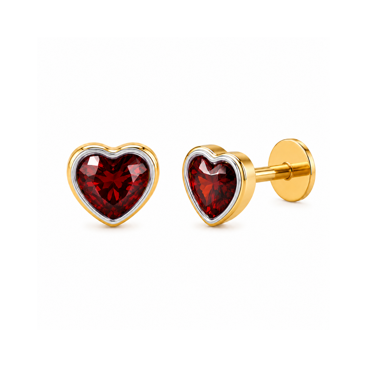 Crimson Bezel Heart Titanium Flat Studs - PAIR