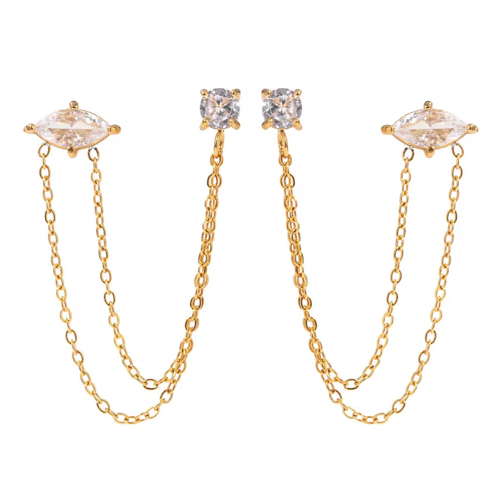 Marquise Solitaire Double Chain Piercing Studs - PAIR