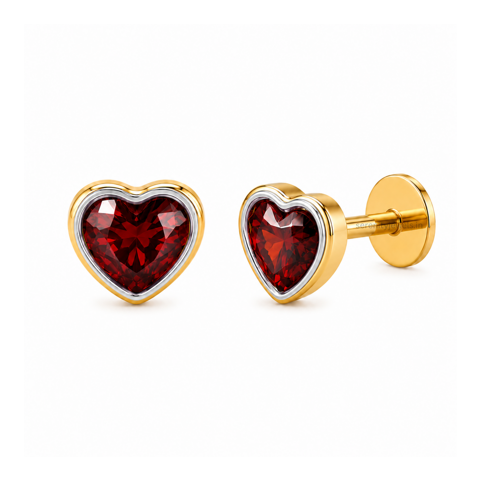 Crimson Bezel Heart Titanium Flat Studs - PAIR